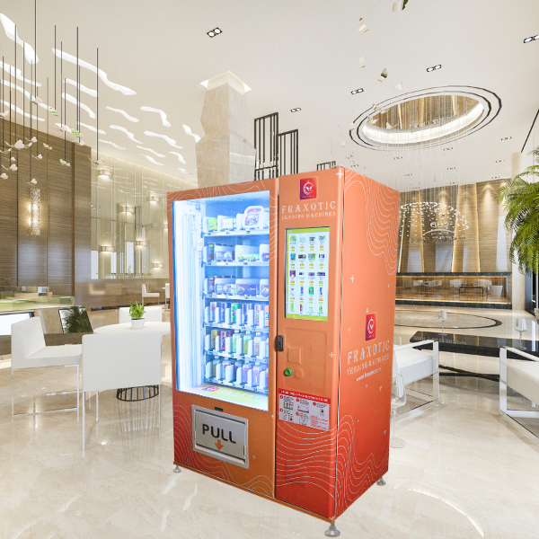 Luxury hotel vending machine with premium snacks and beverages.